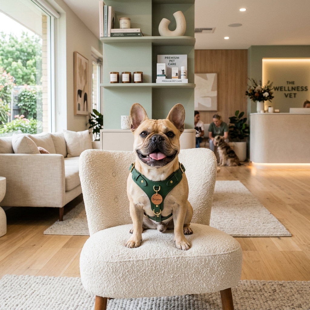 Buldogue francês em clínica veterinária premium