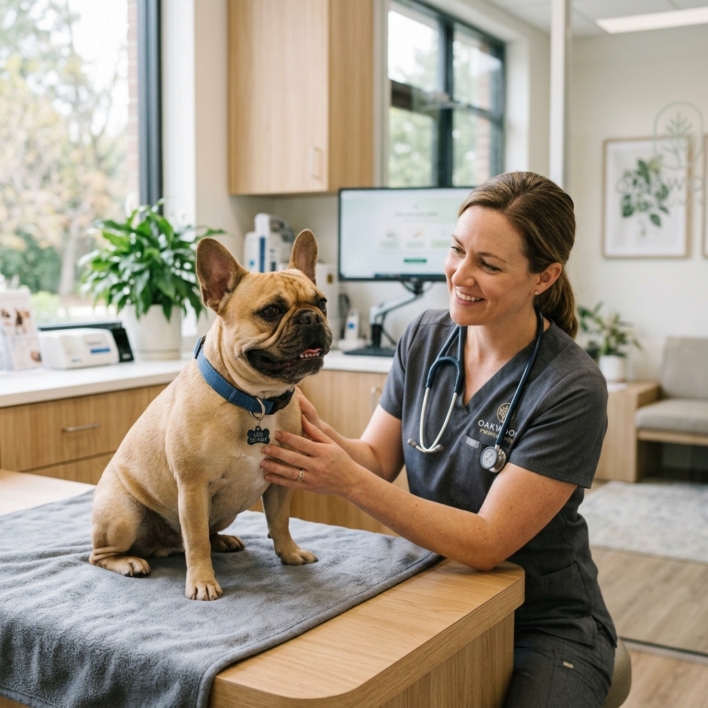 Veterinária examinando buldogue francês de forma acolhedora