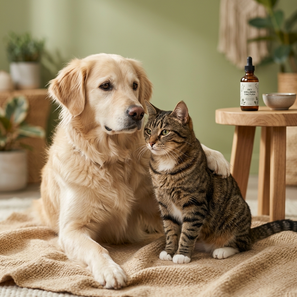 Cão e gato felizes em ambiente acolhedor
